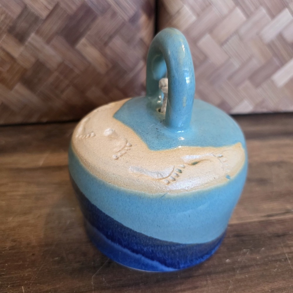 Blue Toned Bell Wind Chime Hand Painted Pottery Beach Scene Footprints 5.5" x 4"